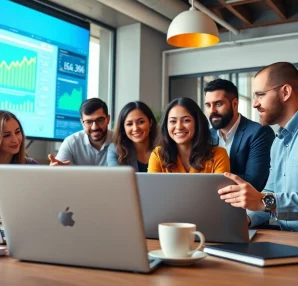Dynamic view of a marketing team at http://Avtales.com analyzing data and collaborating in a modern office.