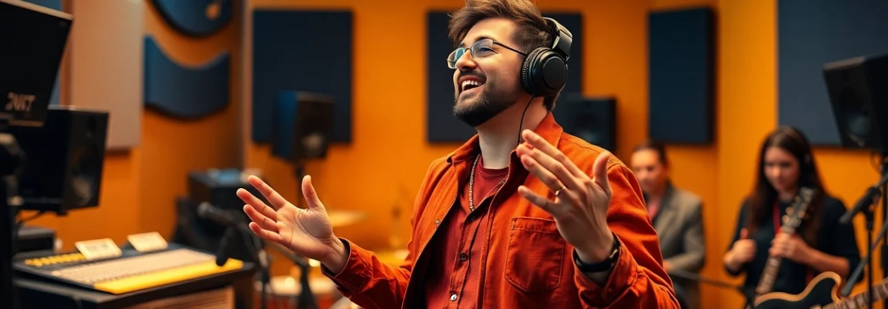 Engaging musician passionately pitching music in modern studio, enhancing music pitching efforts.