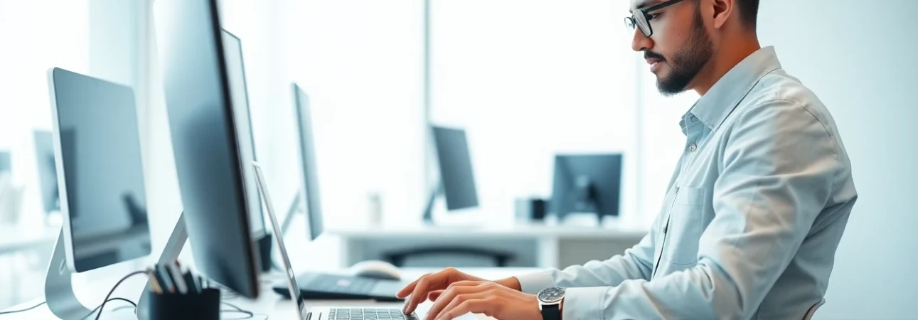 Providing computer help near me, a technician repairs a laptop in a modern office setting.