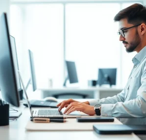Providing computer help near me, a technician repairs a laptop in a modern office setting.