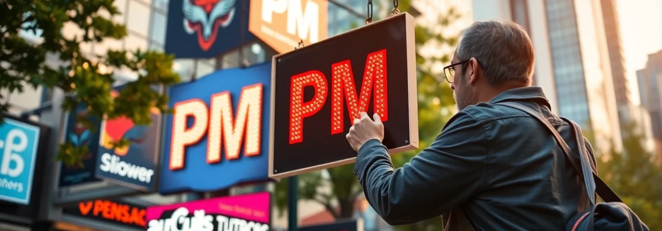 Showcasing diverse pm signs in an urban environment during golden hour lighting.