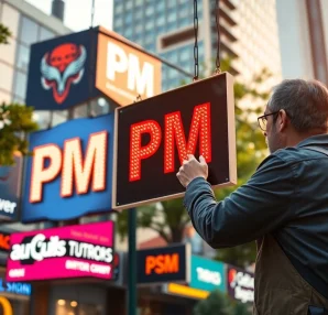 Showcasing diverse pm signs in an urban environment during golden hour lighting.
