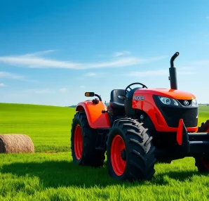 Kuboata Traktor in einem lebhaften Feld mit klaren blauen Himmel und landwirtschaftlicher Atmosphäre.