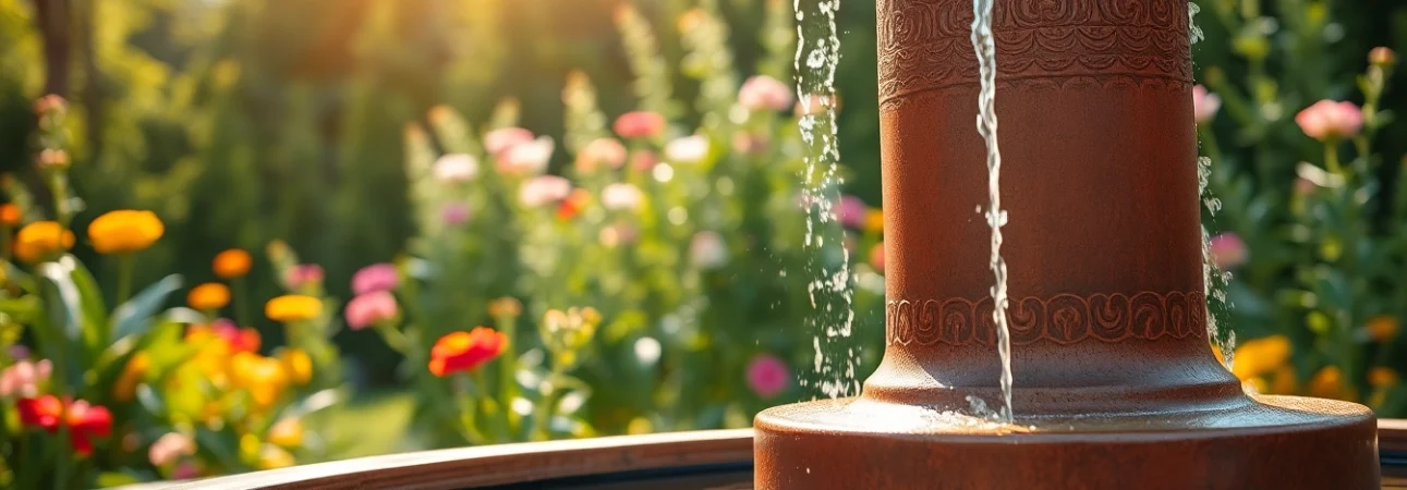 Gestalte einen cortenstahl brunnen in einem ruhigen Garten mit fließendem Wasser.