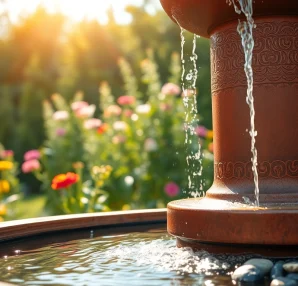 Gestalte einen cortenstahl brunnen in einem ruhigen Garten mit fließendem Wasser.