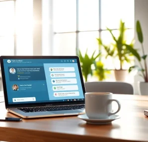Engaging website chatbot enhancing user interaction in a bright office space.