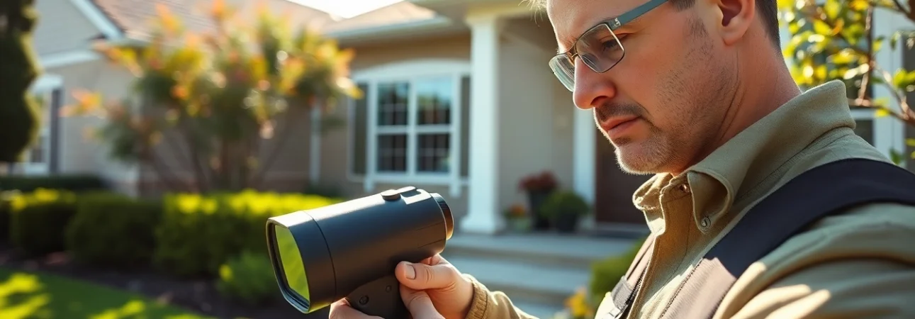 Pest control near me services being conducted by a professional examining a home for infestations.