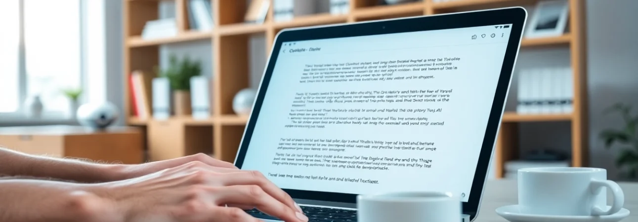 Analyze text using an ai checker tool displayed on a laptop in a professional setting.