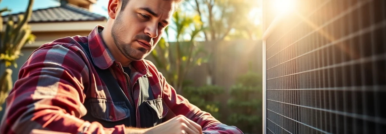 Skilled technician performing ac repair phoenix az in a sunny backyard with tools, showcasing dedicated service.