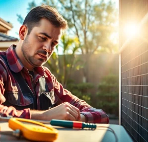 Skilled technician performing ac repair phoenix az in a sunny backyard with tools, showcasing dedicated service.