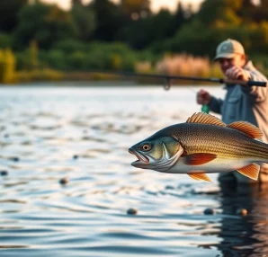 Angler fly fishing for bass on a serene lake at sunrise, casting a beautifully crafted rod.