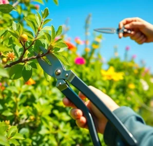 Snoeiseizoen.nl: Tuinier snoeiend aan een fruitboom in een weelderige tuinomgeving.