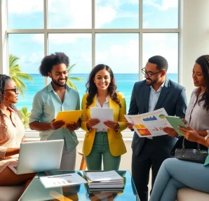 Showcasing Jamaica real estate professionals discussing stunning property options in a vibrant office.