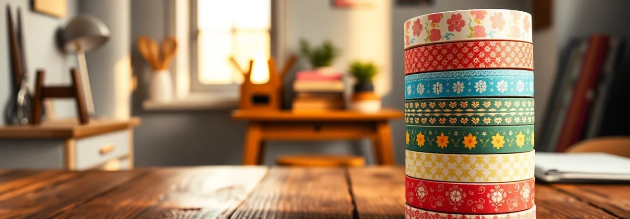 Showcase custom washi tape with artistic designs in a bright, inviting crafting space.