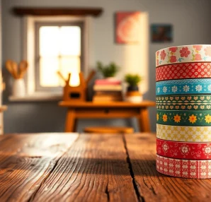 Showcase custom washi tape with artistic designs in a bright, inviting crafting space.