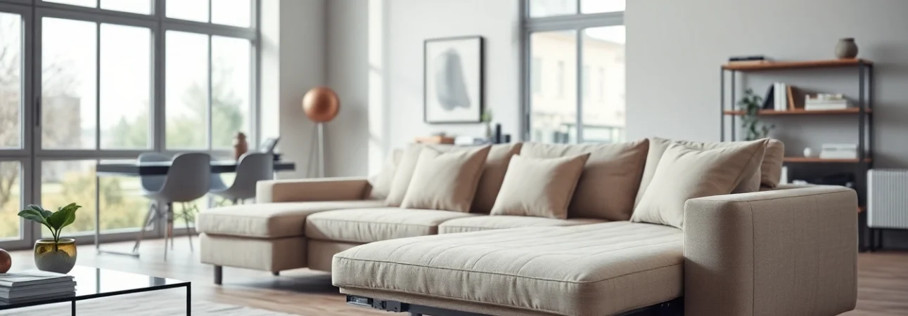 Besondere Merkmale des ecksofa mit schlaffunktion in einem modernen Wohnzimmer zeigen.