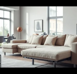 Besondere Merkmale des ecksofa mit schlaffunktion in einem modernen Wohnzimmer zeigen.