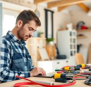 Electrician performing an electrical panel upgrade, showcasing expertise and focus.
