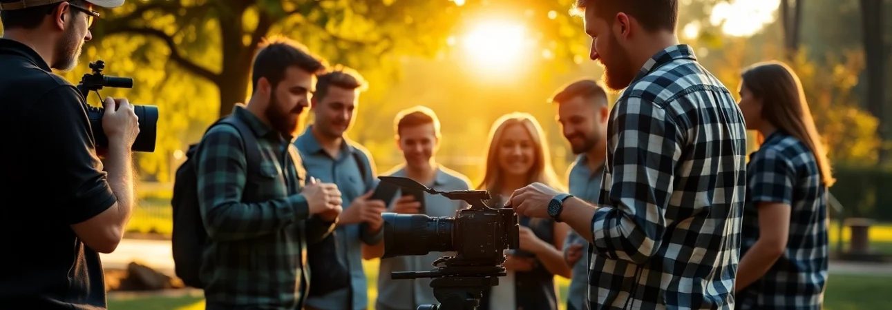 An engaging video production scene showcasing professional teamwork at a 영상업체, creating dynamic brand films outdoors.