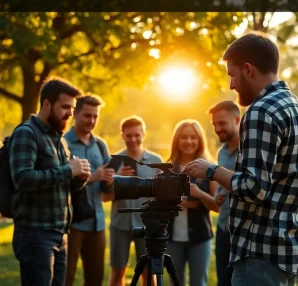An engaging video production scene showcasing professional teamwork at a 영상업체, creating dynamic brand films outdoors.