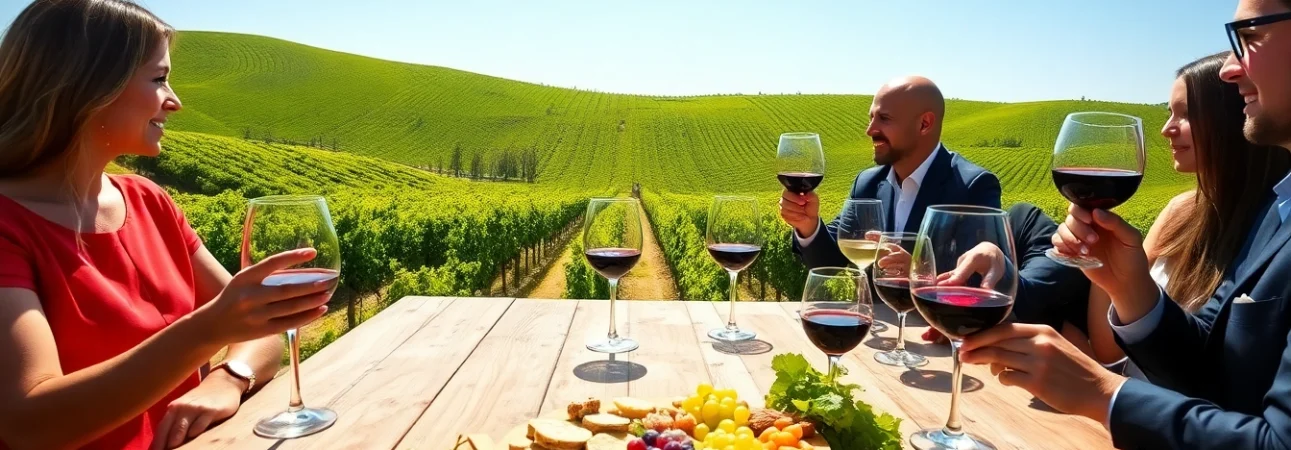 Tasting fine wines at Clarksburg wineries surrounded by lush vineyards and vibrant scenery.