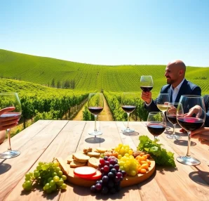 Tasting fine wines at Clarksburg wineries surrounded by lush vineyards and vibrant scenery.