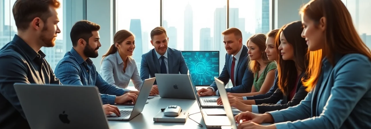Beheer IT-teams werken samen in een moderne kantooromgeving, met focus op technologie.