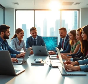 Beheer IT-teams werken samen in een moderne kantooromgeving, met focus op technologie.