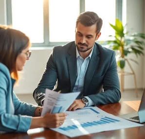 Purchasing consultant collaborating with a client in a modern office.