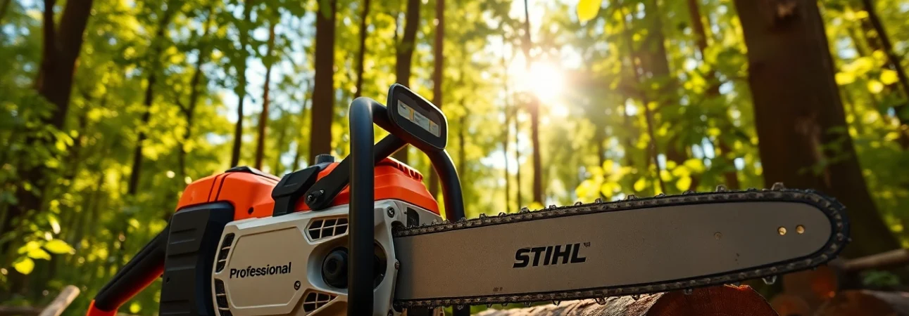 Stihl Kettensäge im Einsatz sorgt für präzise Schnitte in einem Wald.