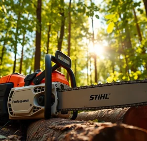 Stihl Kettensäge im Einsatz sorgt für präzise Schnitte in einem Wald.