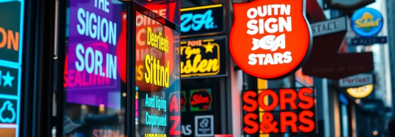 Showcasing diverse sign designs in a vibrant setting, highlighting unique sign design styles.