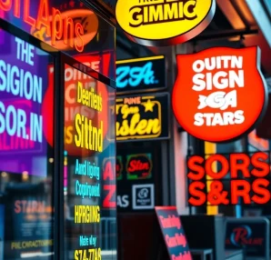 Showcasing diverse sign designs in a vibrant setting, highlighting unique sign design styles.