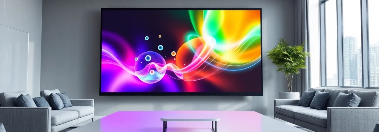 Professional projection screen manufacturer showcasing high-definition visuals in a stylish conference room.