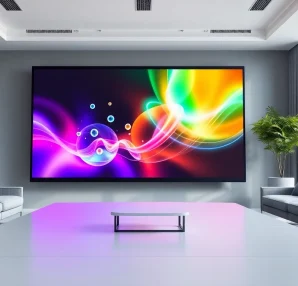 Professional projection screen manufacturer showcasing high-definition visuals in a stylish conference room.