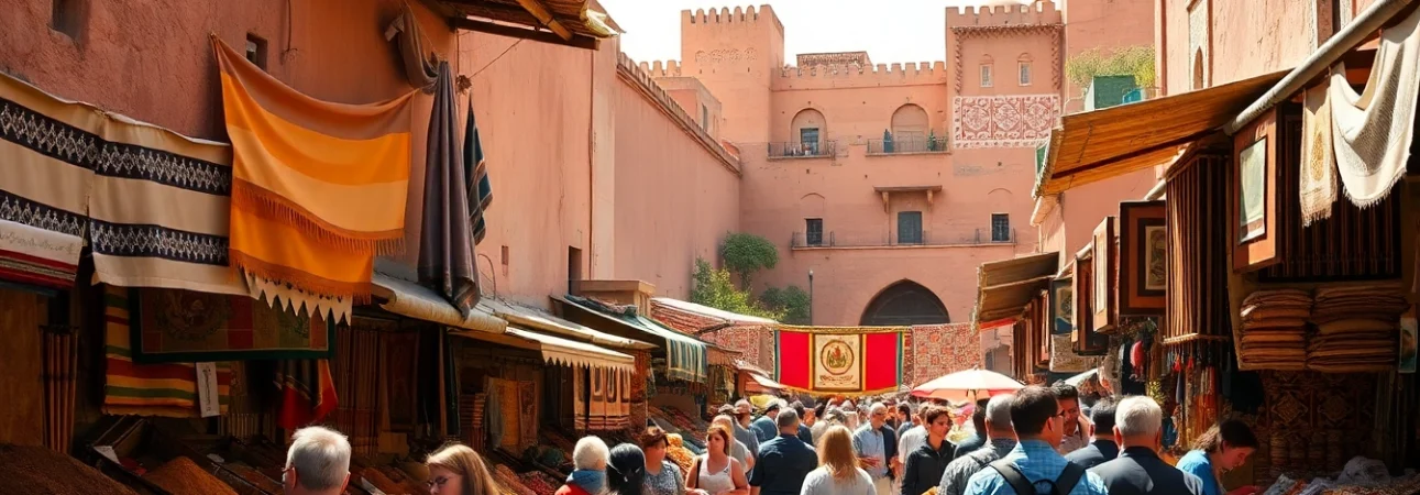 Disfruta de Tours Marruecos en un vibrante mercado de Marrakech lleno de colores y cultura.