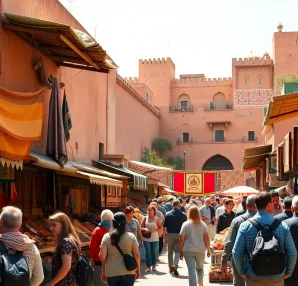 Disfruta de Tours Marruecos en un vibrante mercado de Marrakech lleno de colores y cultura.