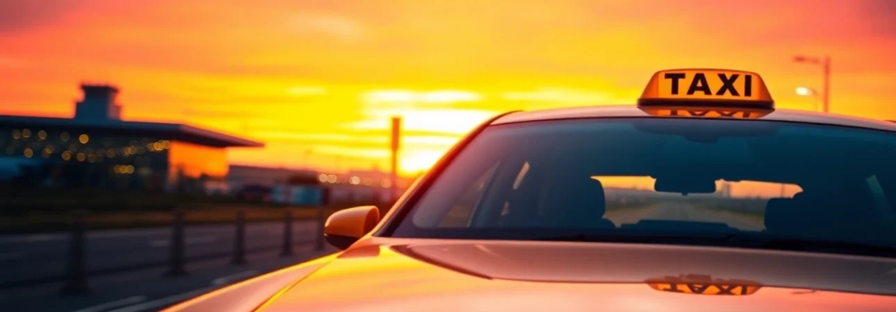 Taxi to Manchester Airport showcasing a sleek vehicle approaching during sunset, highlighting professionalism.