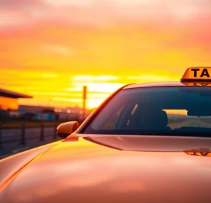 Taxi to Manchester Airport showcasing a sleek vehicle approaching during sunset, highlighting professionalism.