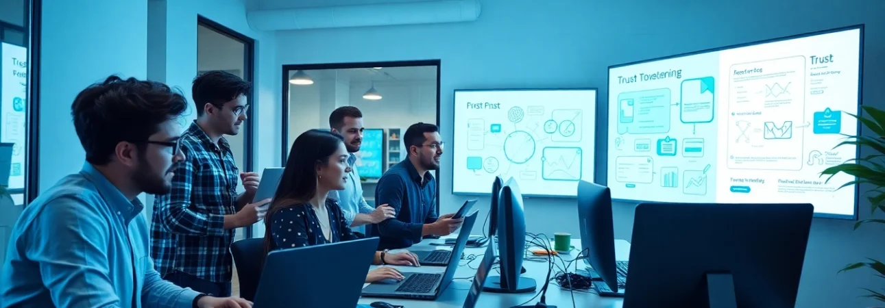 Sviluppo web app agenzia: Team di professionisti al lavoro in un ambiante moderno.