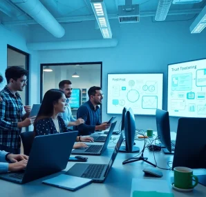 Sviluppo web app agenzia: Team di professionisti al lavoro in un ambiante moderno.