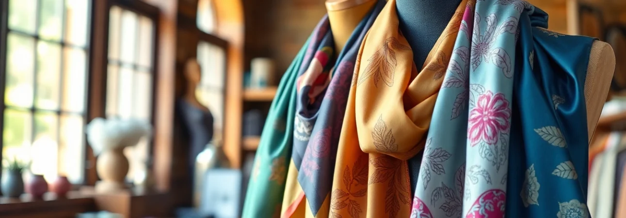 Showcasing silk scarves for women in an elegant boutique with vibrant colors and luxurious textures.
