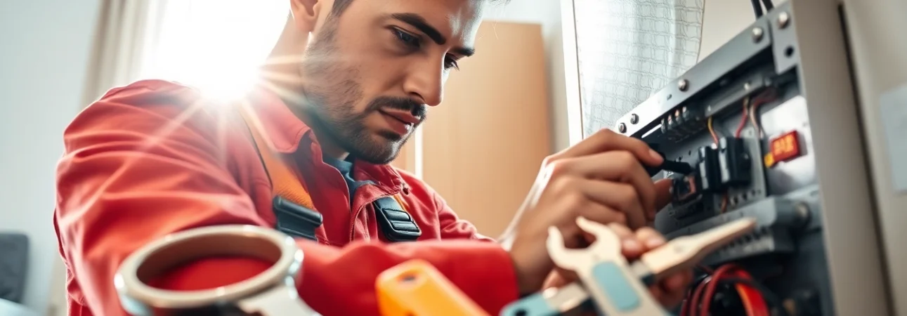 Electrician expertly repairing a circuit panel, showcasing professionalism and skill in the workspace.