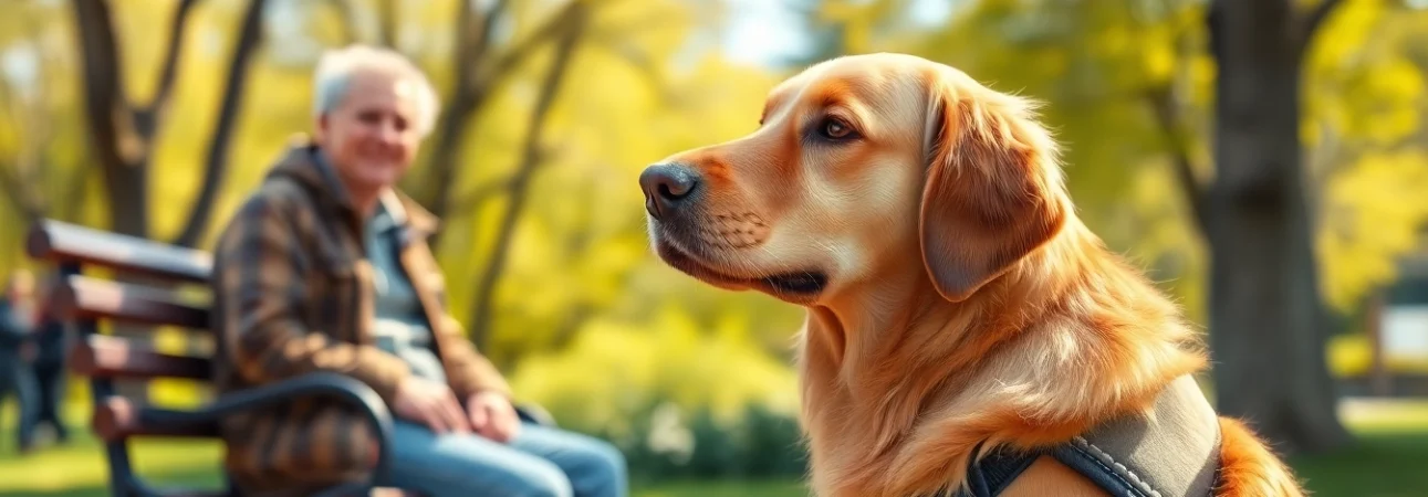 Supportive psychiatric service dogs for sale assisting individuals in a serene park.