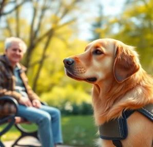 Supportive psychiatric service dogs for sale assisting individuals in a serene park.