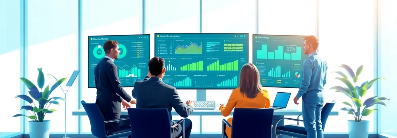 Visualize the interface of Customer Loyalty Software with a team actively engaging over data analytics.
