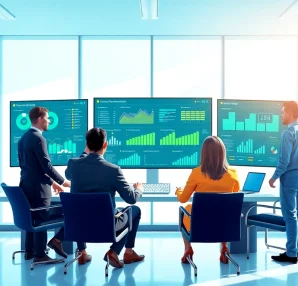 Visualize the interface of Customer Loyalty Software with a team actively engaging over data analytics.