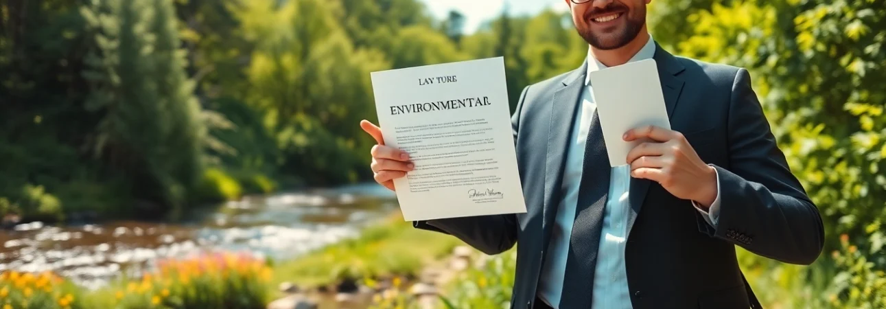 Environmental lawyer showcasing expertise in a natural setting with vibrant greenery.