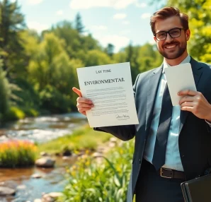 Environmental lawyer showcasing expertise in a natural setting with vibrant greenery.