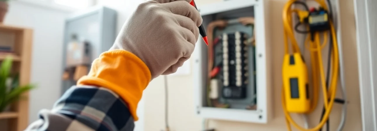 Electrician performing an electrical panel upgrade with precision in a contemporary home setting.